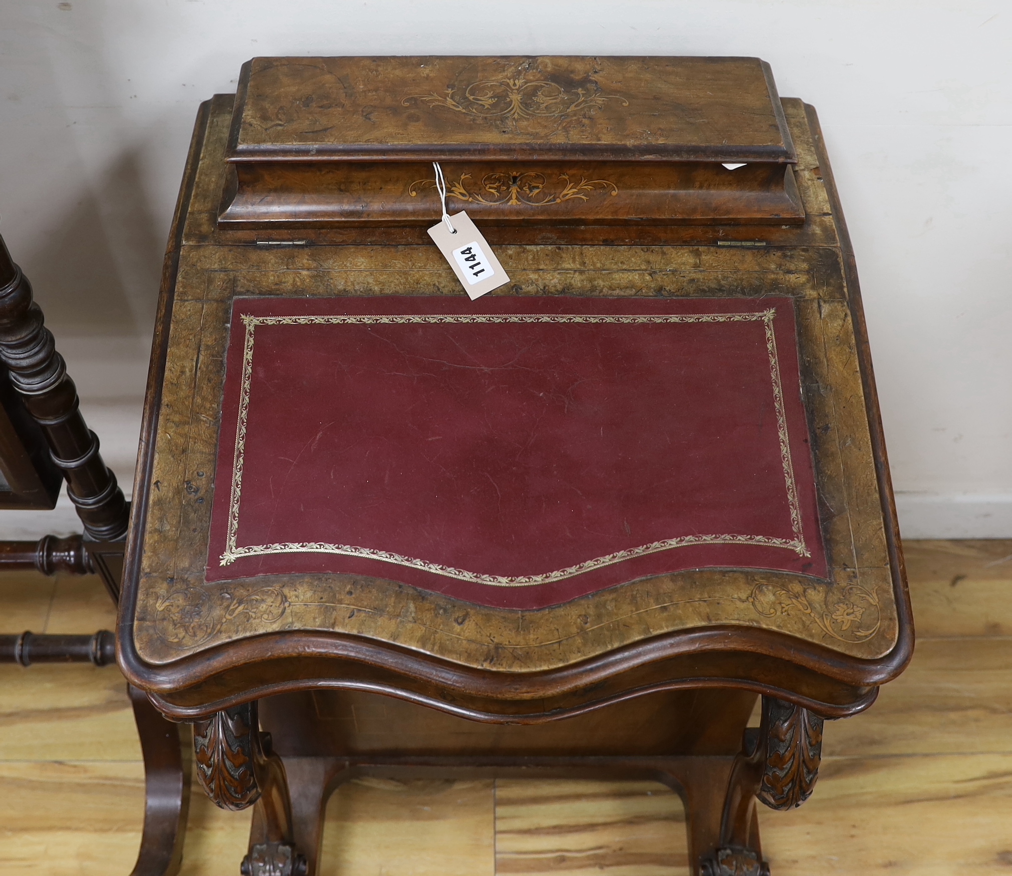 A Victorian inlaid walnut Davenport, width 55cm, depth 54cm, height 82cm